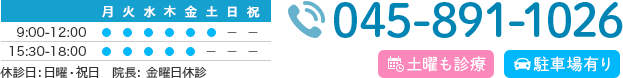 診療時間：9:00-12:00 15:30-18:00 休診日：土曜午後・日曜・祝日　院長：金曜日休診　TEL:045-891-1026　土曜も診療　駐車場有